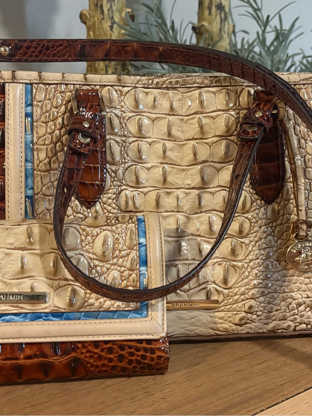 Brahmin Cream and Brown Croc-Embossed Tote with Blue Trim